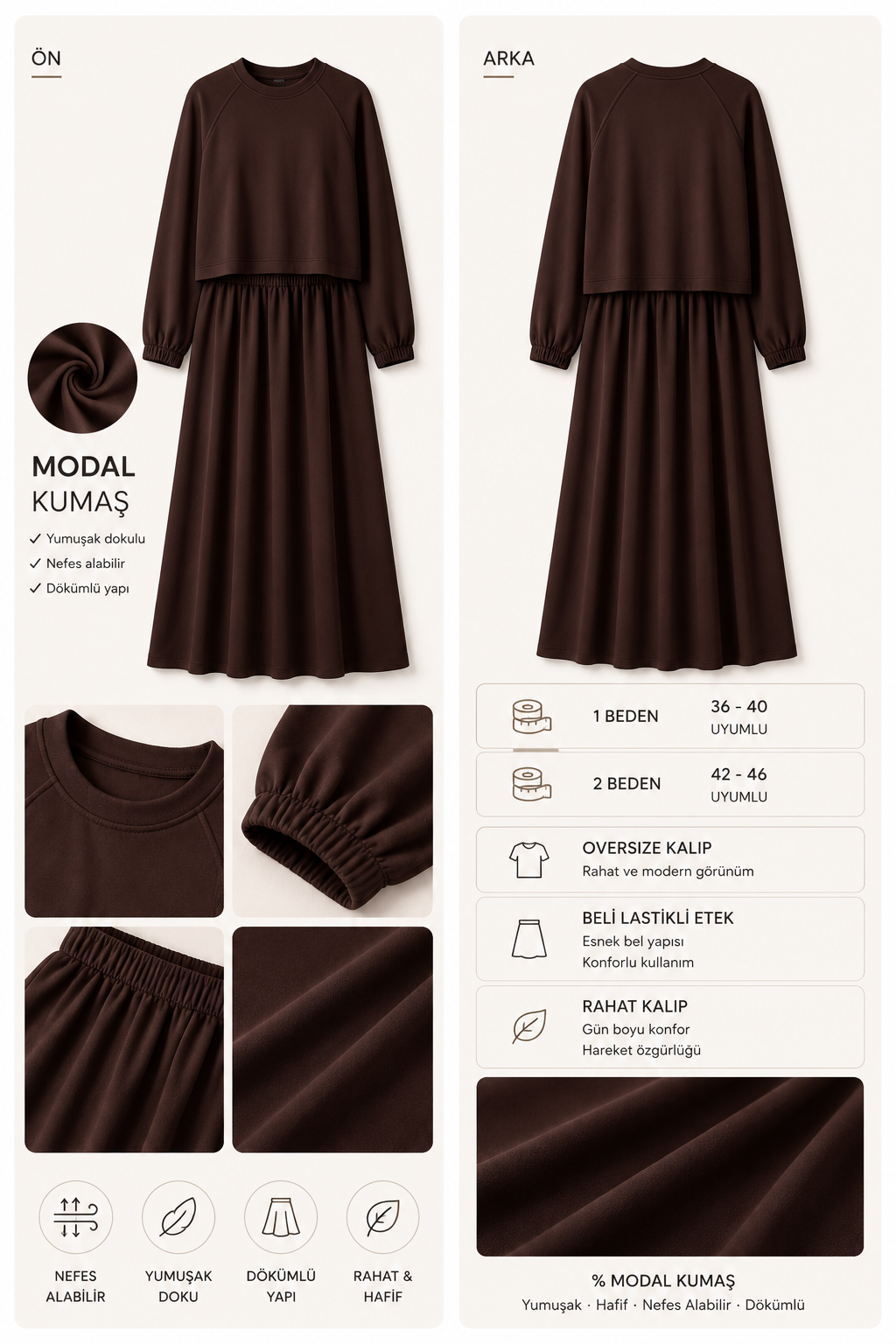 Mihra Modal Kumaş Oversize Etekli Takım – Acıkahve