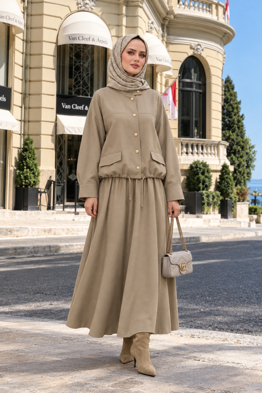 Buttoned Gold Tencel Set - Modest Skirt Suit - Beige