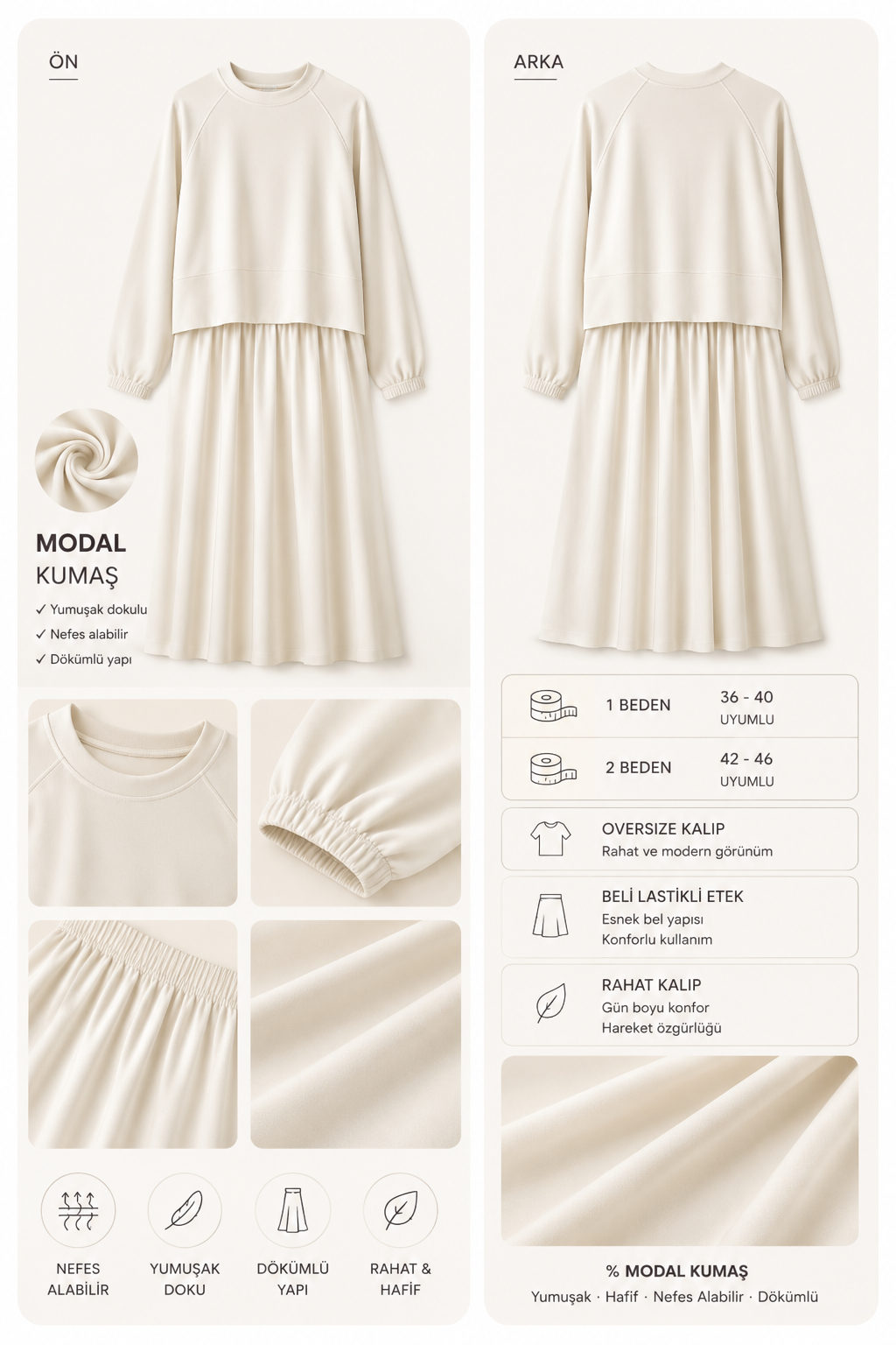 Mihra Modal Kumaş Oversize Etekli Takım – Ekru