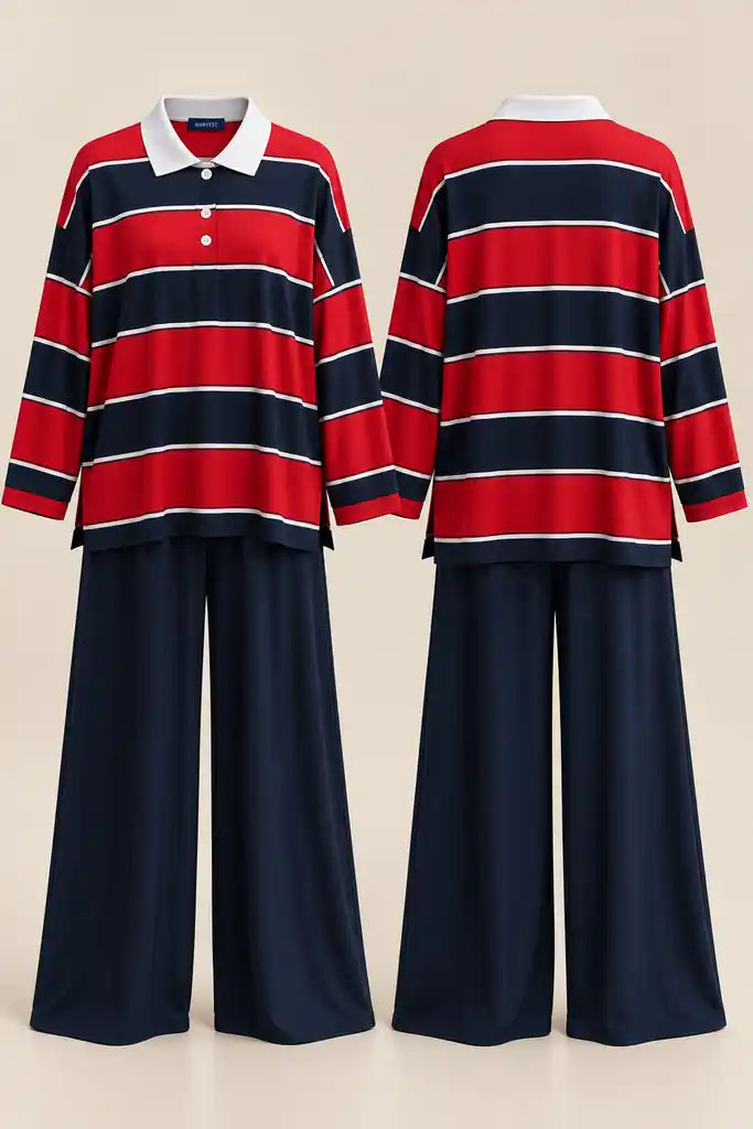 Lora Polo Yaka Çizgili Oversize İkili Takım Kırmızı Mavi