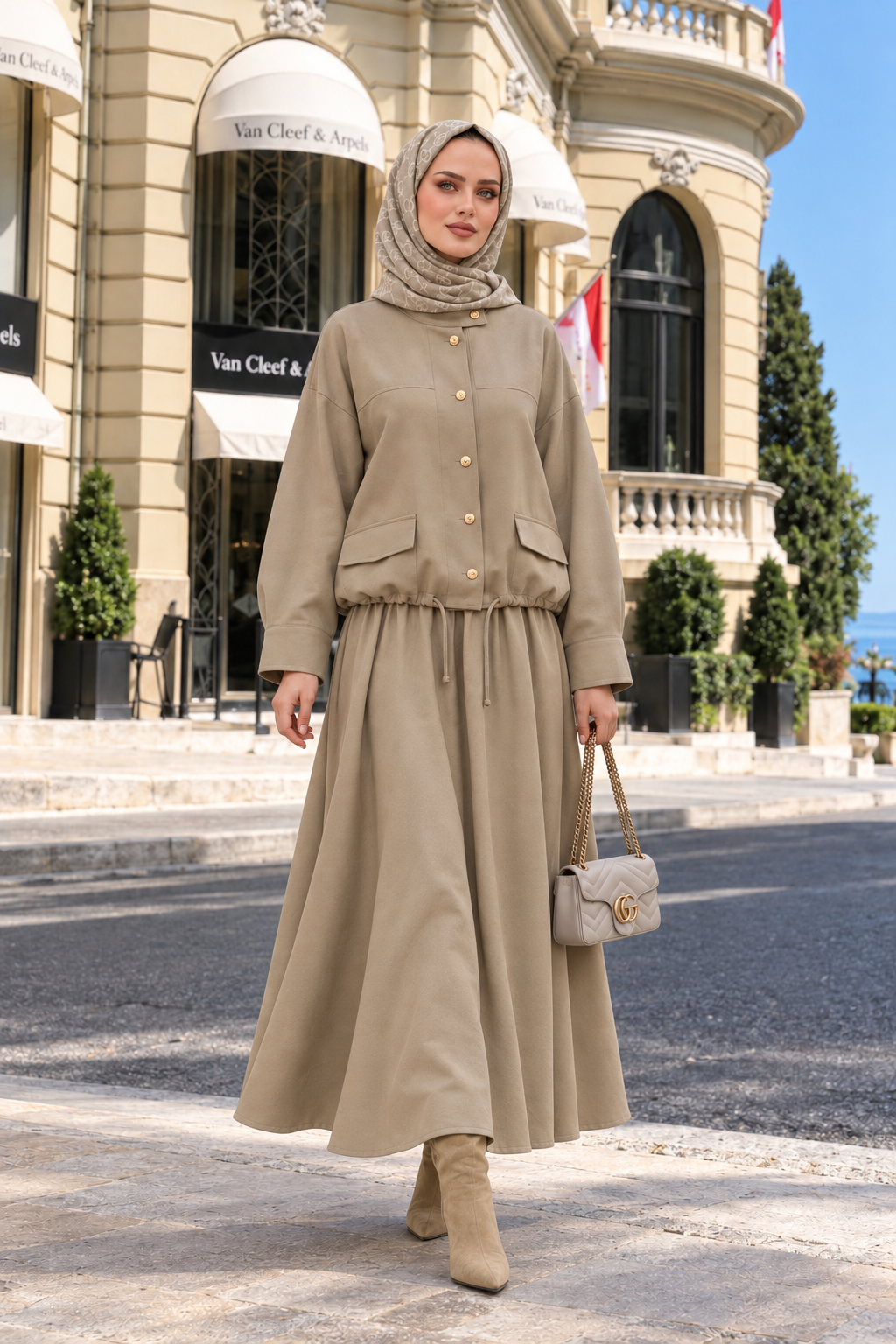 Buttoned Gold Tencel Set - Modest Skirt Suit - Beige