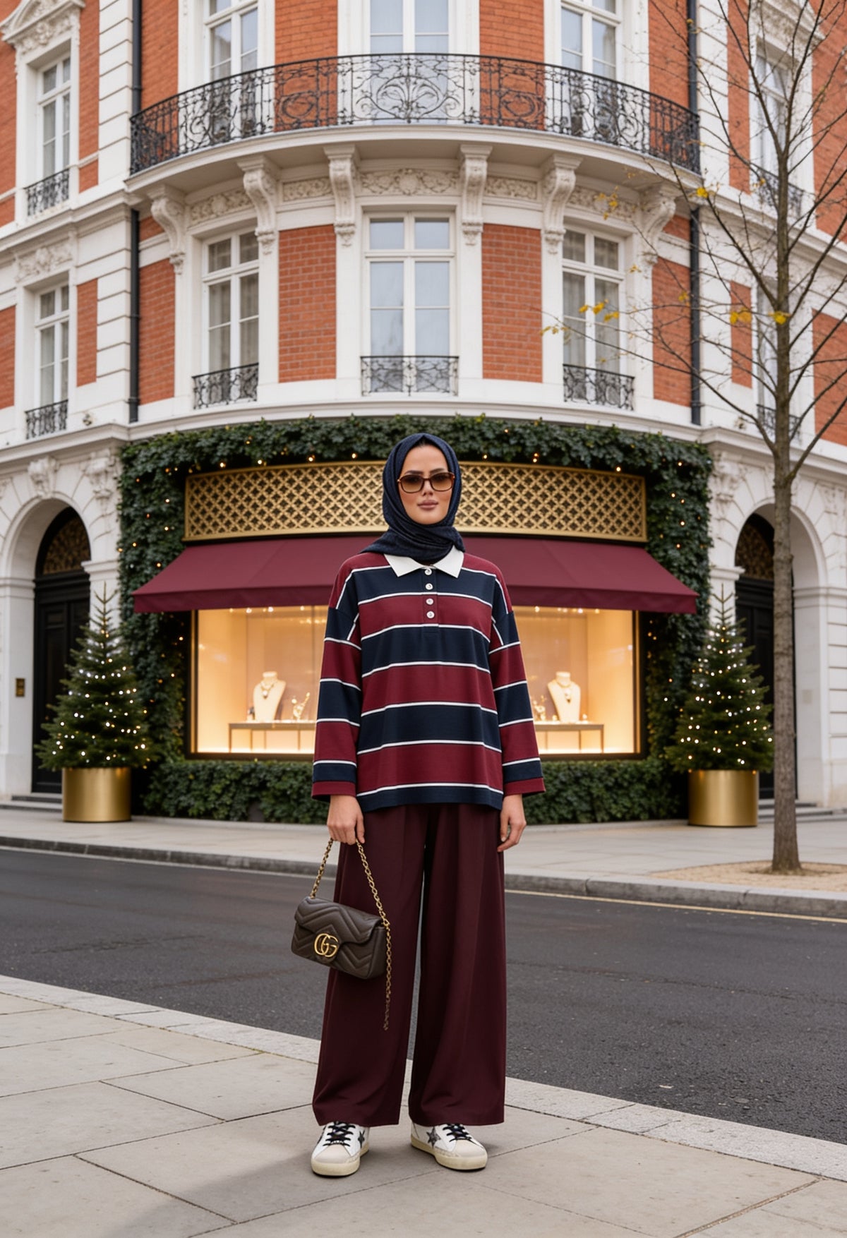 Lora Polo Yaka Çizgili Oversize İkili Takım Bordo