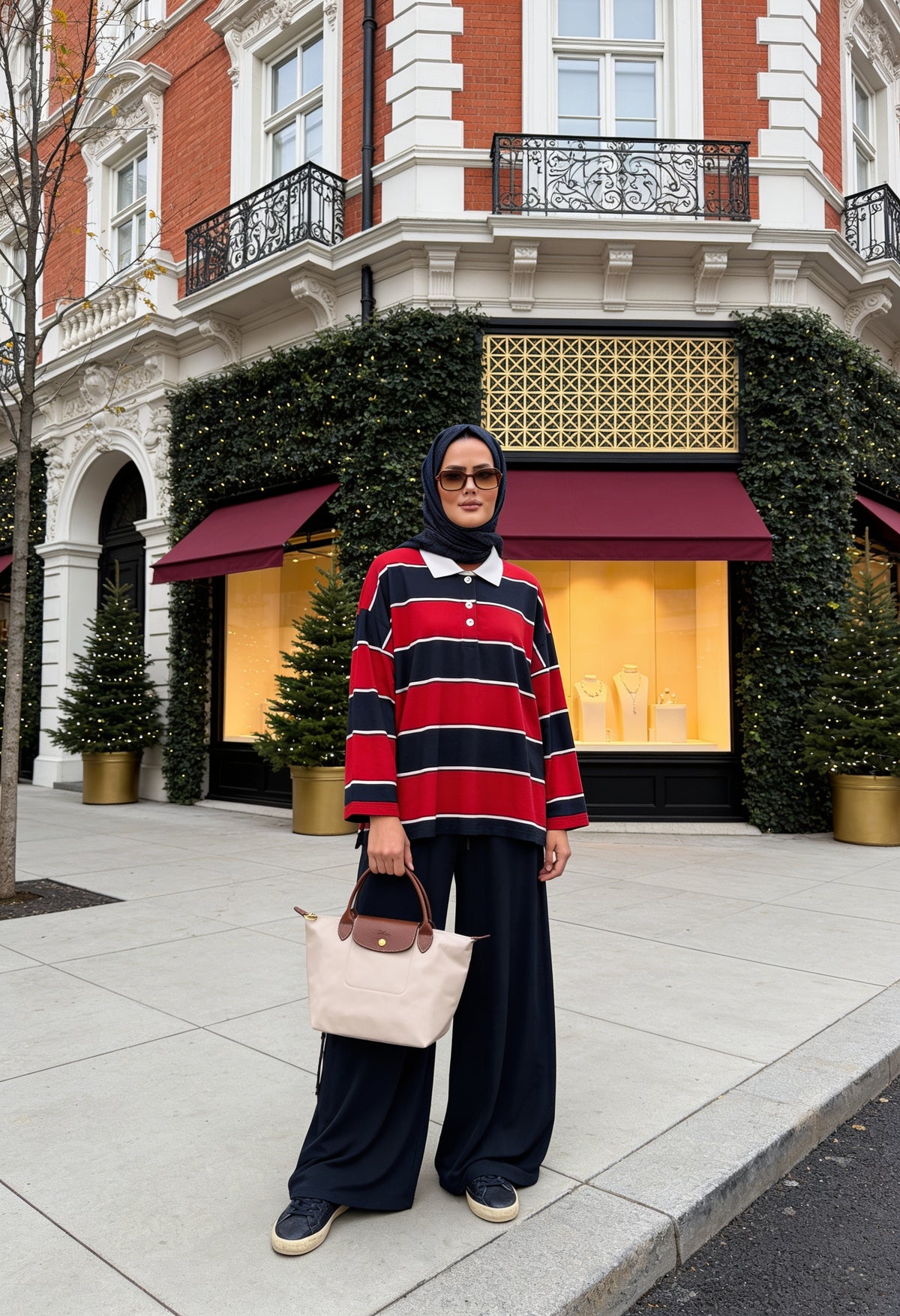 Lora Polo Yaka Çizgili Oversize İkili Takım Kırmızı Mavi