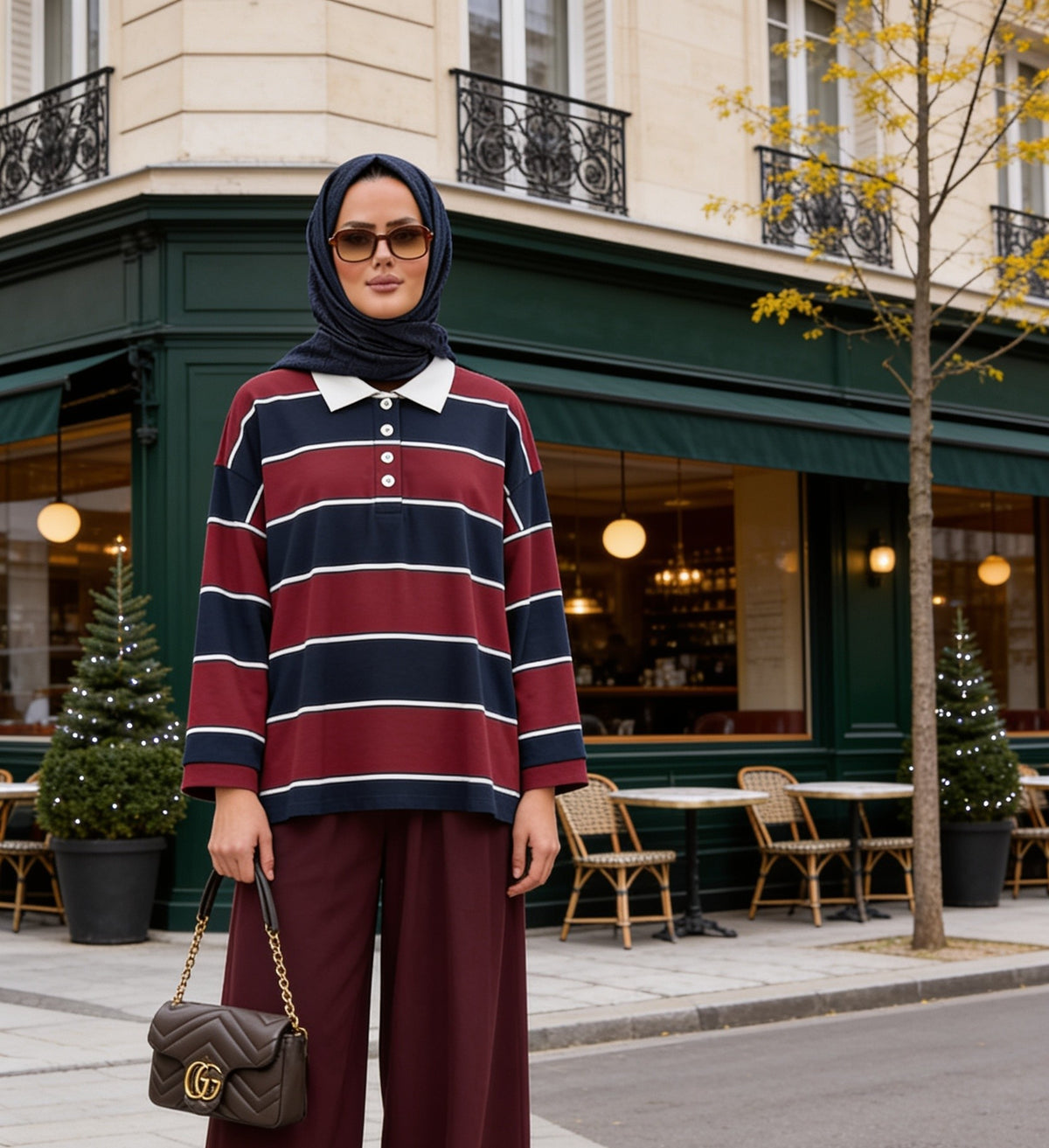 Lora Polo Yaka Çizgili Oversize İkili Takım Bordo