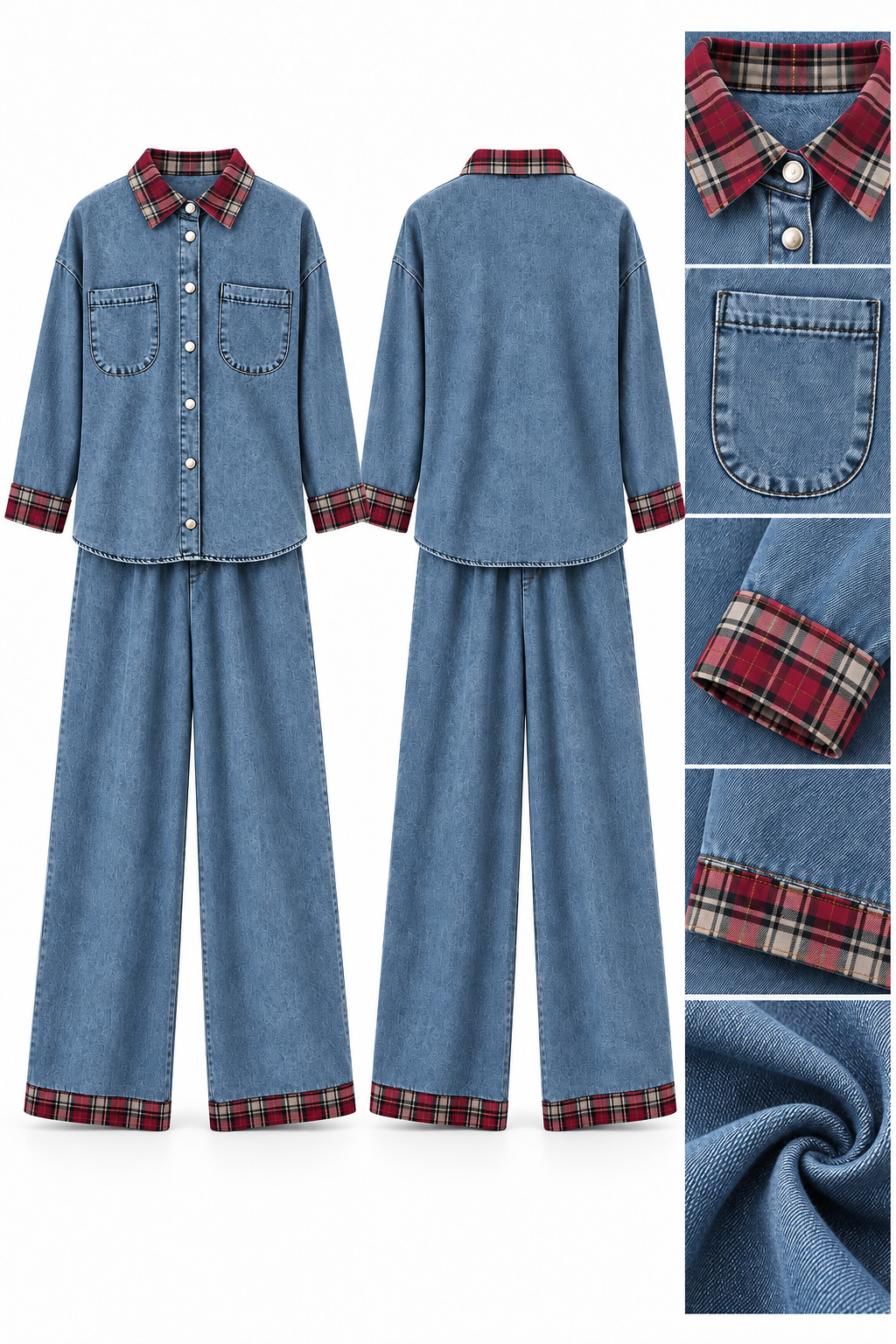 Ekose Detaylı Denim İkili Takım Açık Mavi