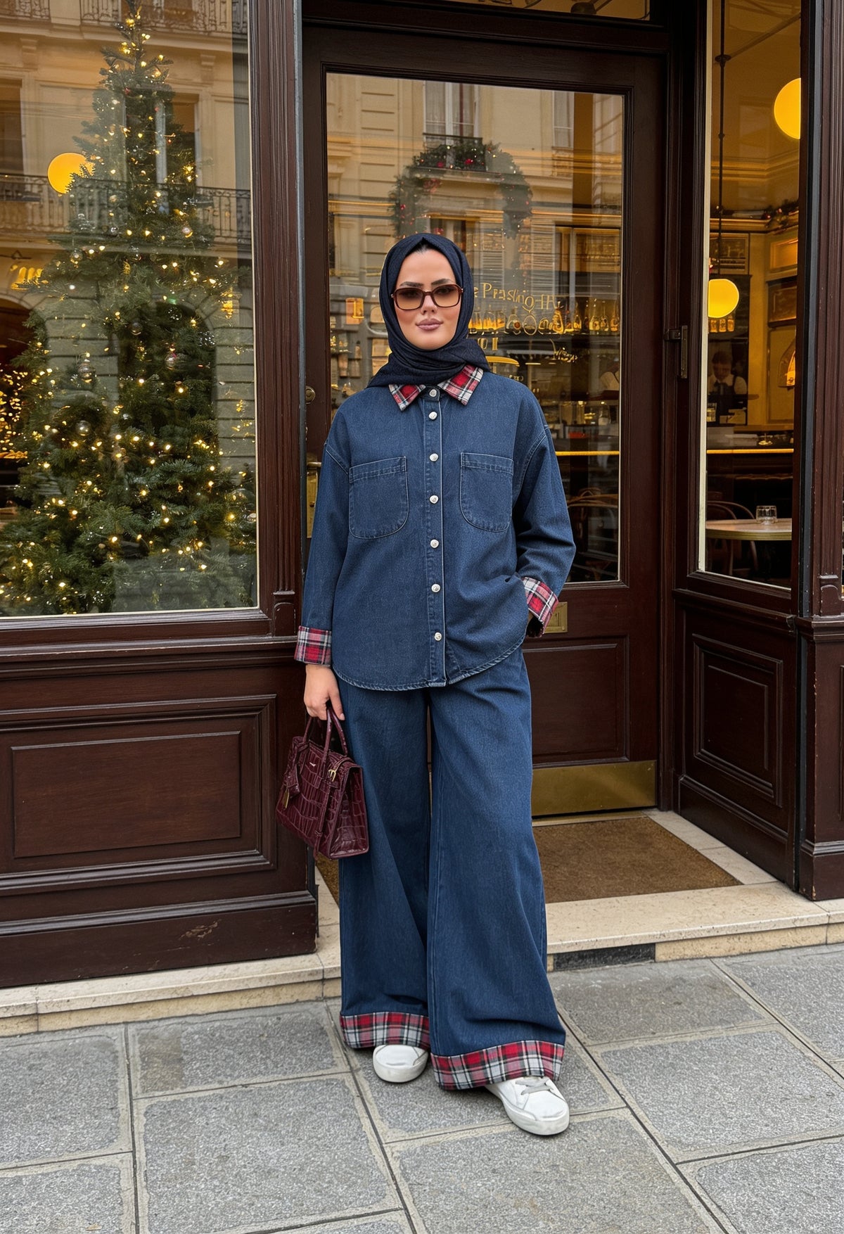 Ekose Detaylı Denim İkili Takım Koyu Mavi