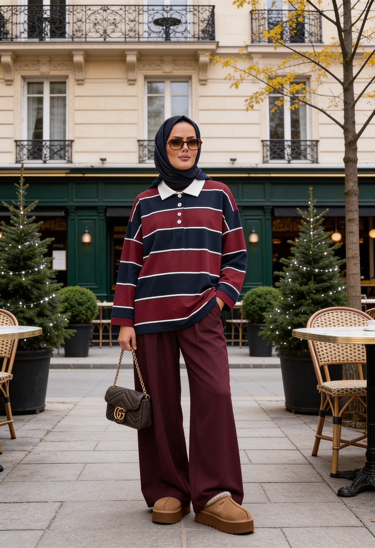 Lora Polo Yaka Çizgili Oversize İkili Takım Bordo