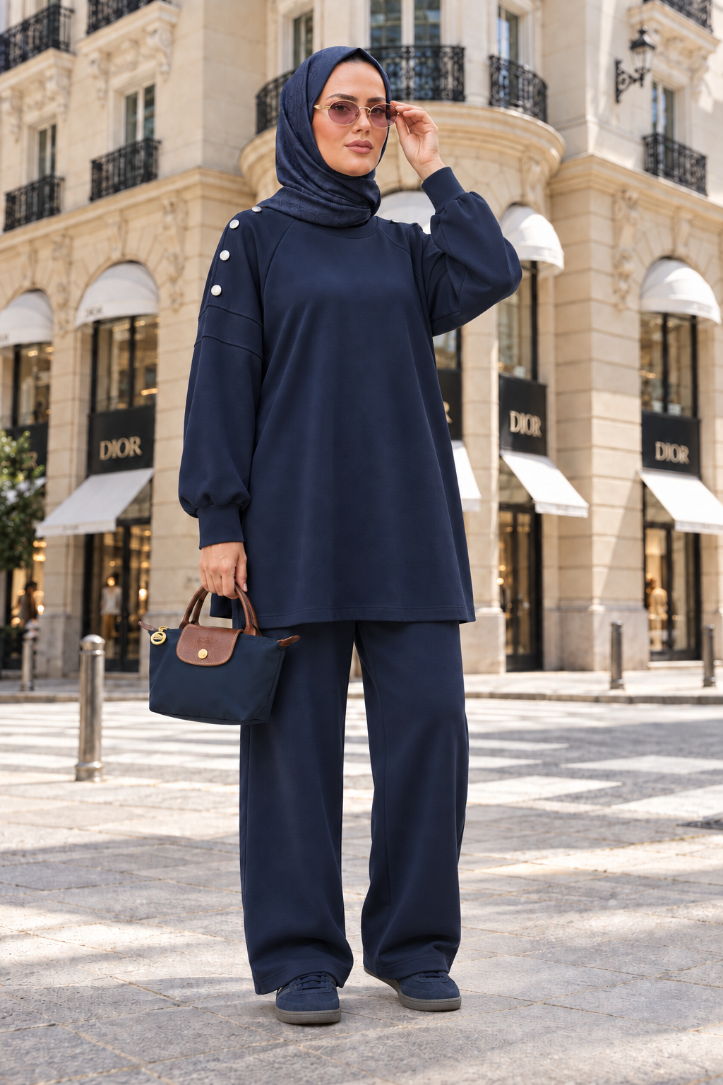 Mira Omuz Düğmeli Oversize Modal Pantolonlu Takım Lacivert