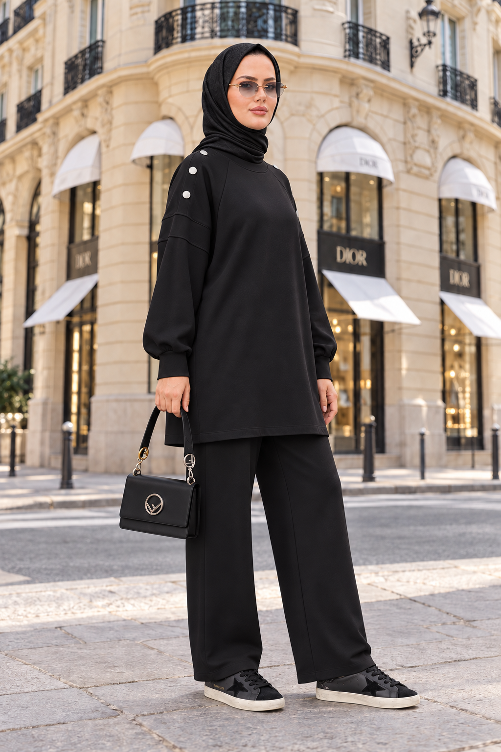 Mira Omuz Düğmeli Oversize Modal Pantolonlu Takım Siyah