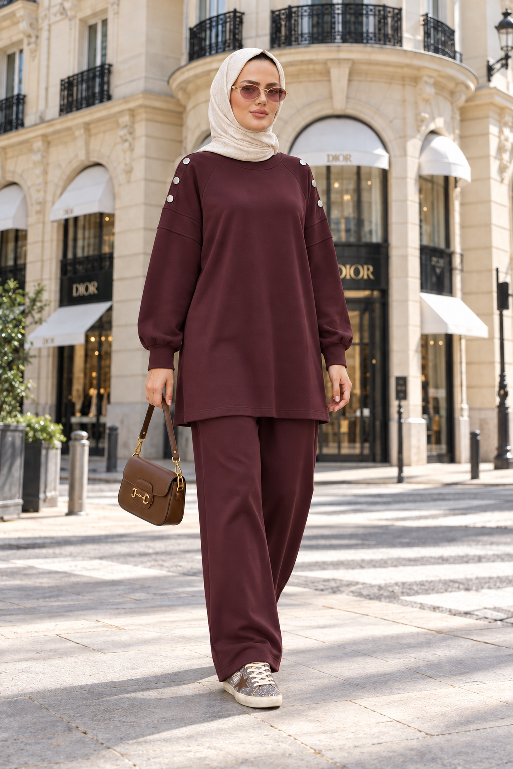 Mira Omuz Düğmeli Oversize Modal Pantolonlu Takım Bordo