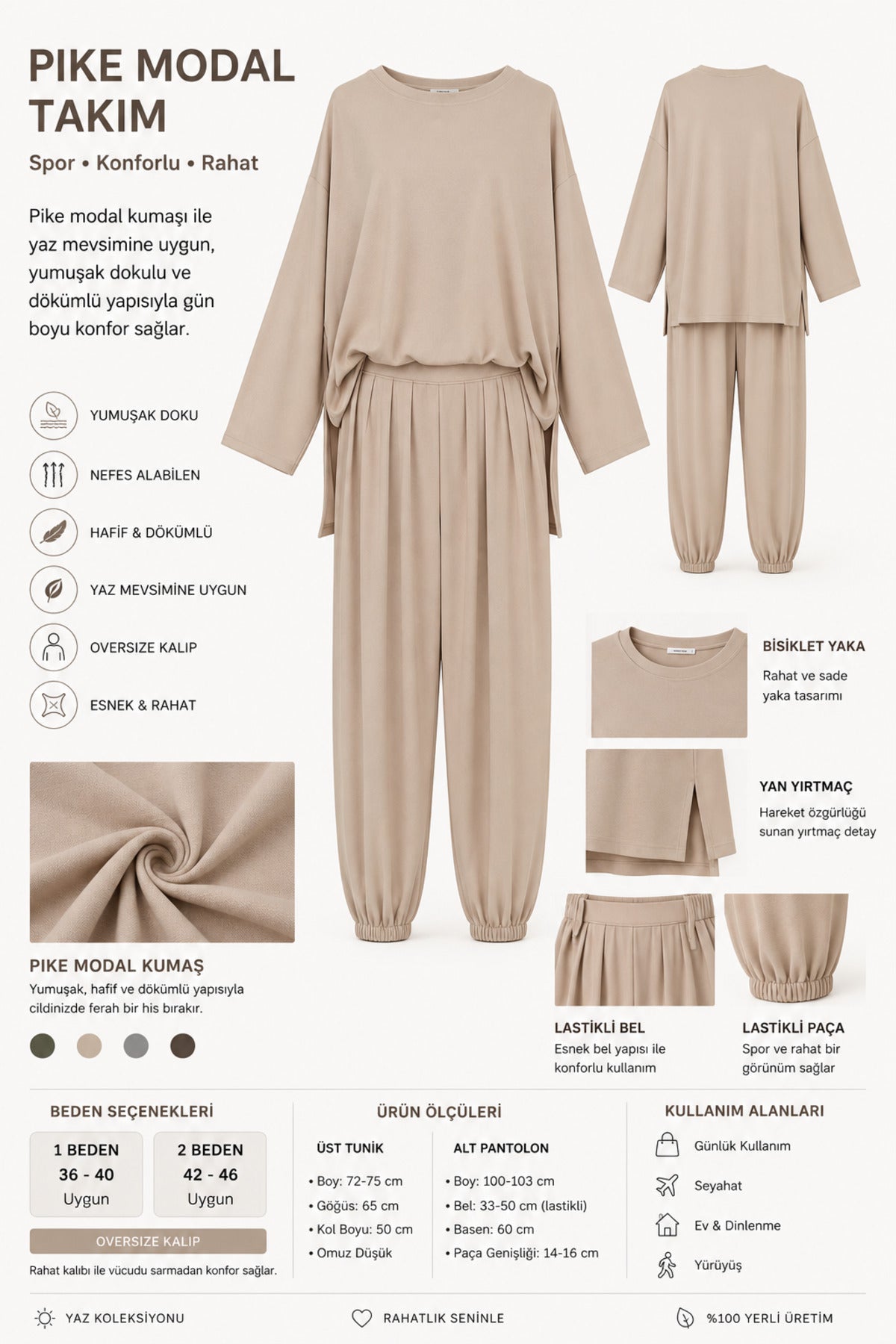 Pike Modal Şalvar Pantolon Model Oversize Takım – Bej