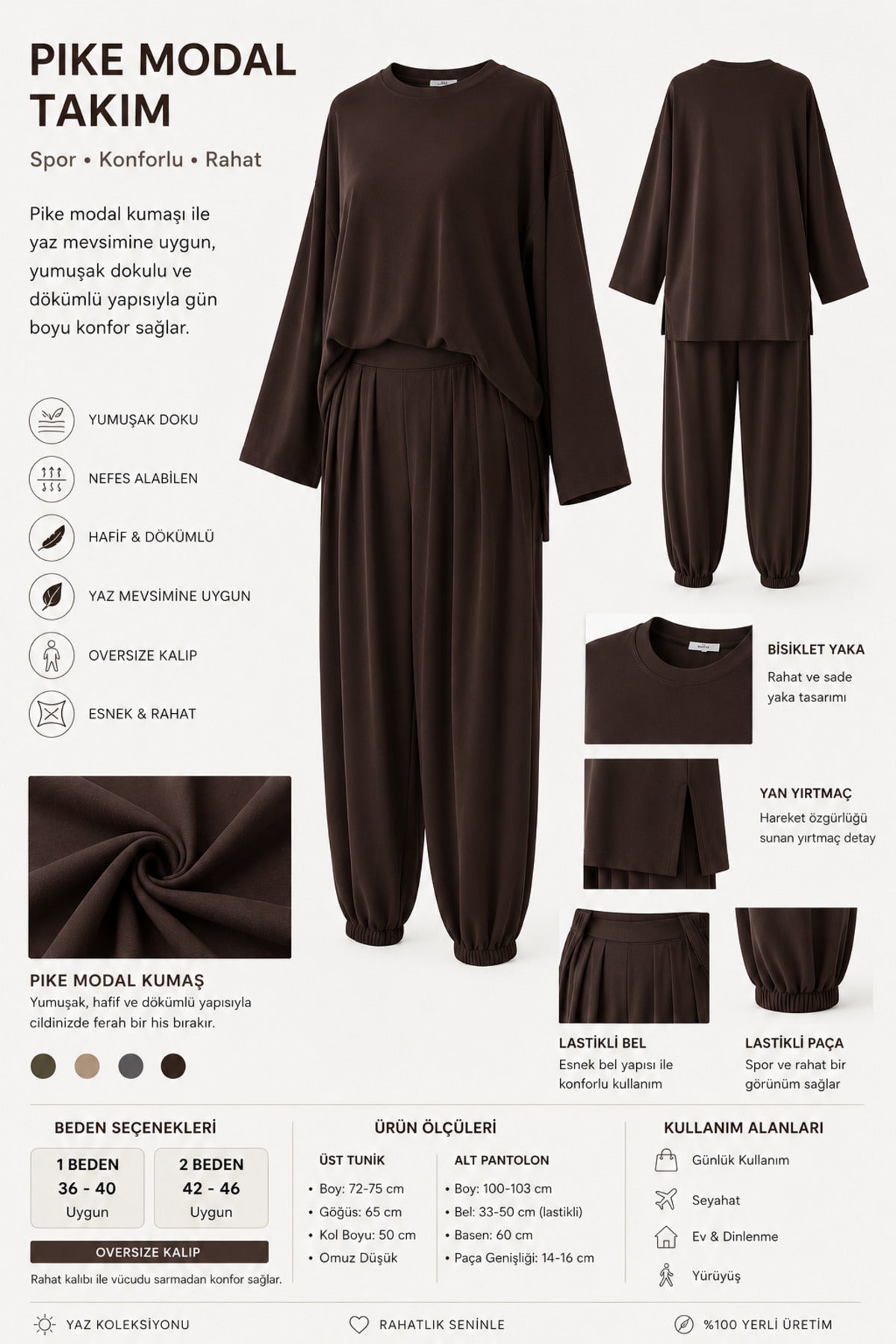 Pike Modal Şalvar Pantolon Model Oversize Takım – Kahverengi