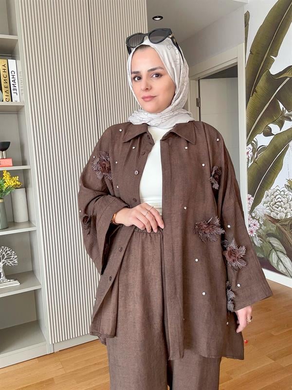 Keten Taş ve Dantel Detaylı Gömlek Takım Acı kahve
