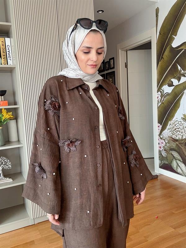 Keten Taş ve Dantel Detaylı Gömlek Takım Acı kahve