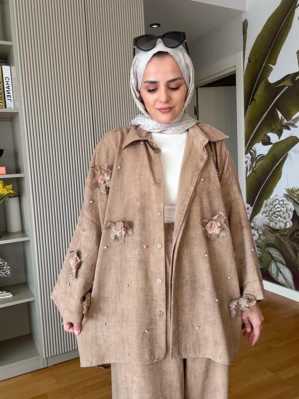 Keten Taş ve Dantel Detaylı Gömlek Takım Kahve