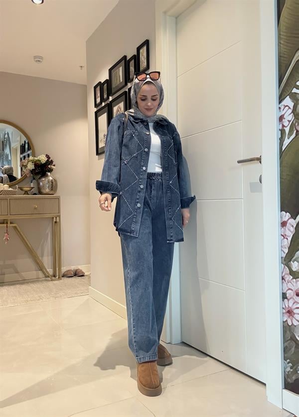 Baklava Taş Detaylı Denim Gömlek İkili Takım Koyu Mavi