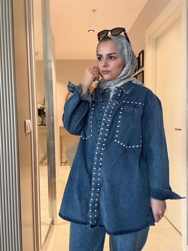 Zımba Detaylı Denim Gömlek İkili Takım Koyu Mavi