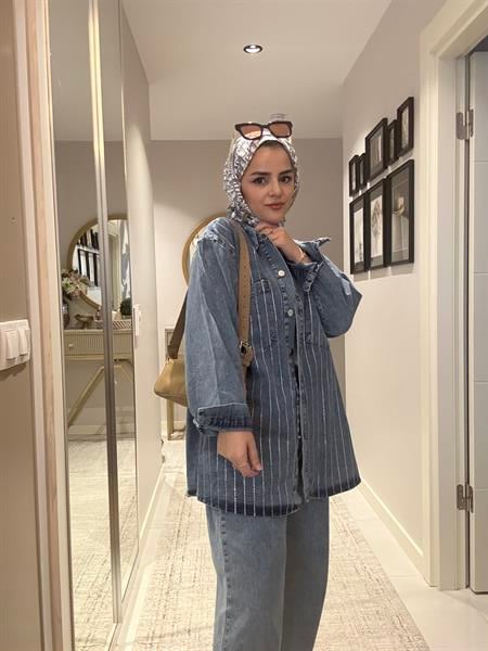 Taş Detaylı Denim Gömlek İkili Takım Açık Mavi