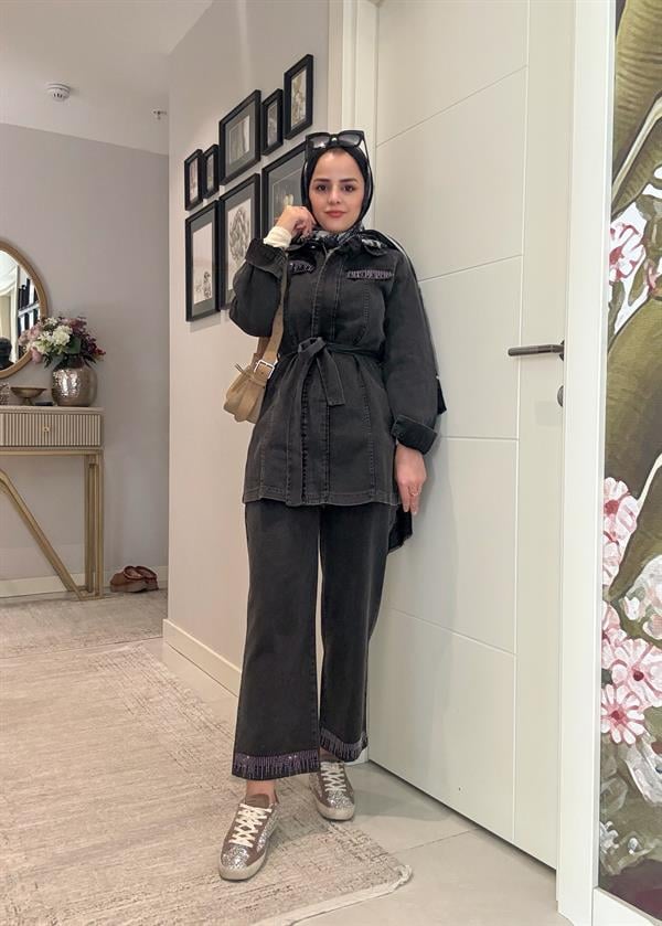 Kemerli Taş Detaylı Denim Gömlek İkili Takım Siyah