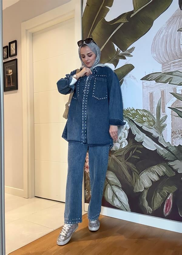 Zımba Detaylı Denim Gömlek İkili Takım Koyu Mavi
