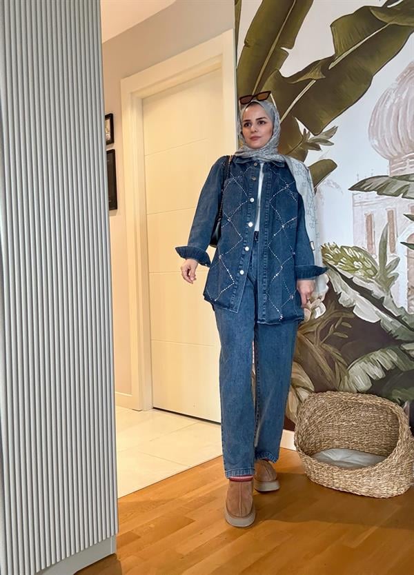 Baklava Taş Detaylı Denim Gömlek İkili Takım Koyu Mavi