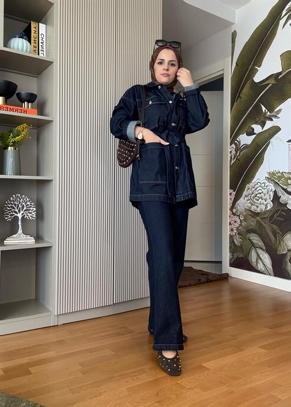Denim Kuşaklı Ceket Takım Koyu Mavi