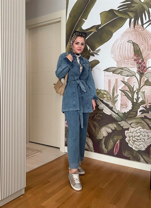Kemerli Taş Detaylı Denim Gömlek İkili Takım Koyu Mavi