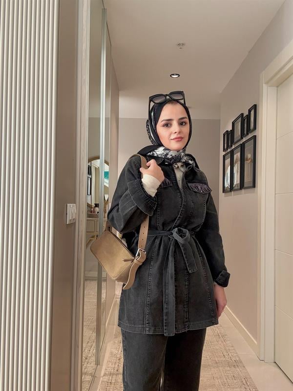 Kemerli Taş Detaylı Denim Gömlek İkili Takım Siyah