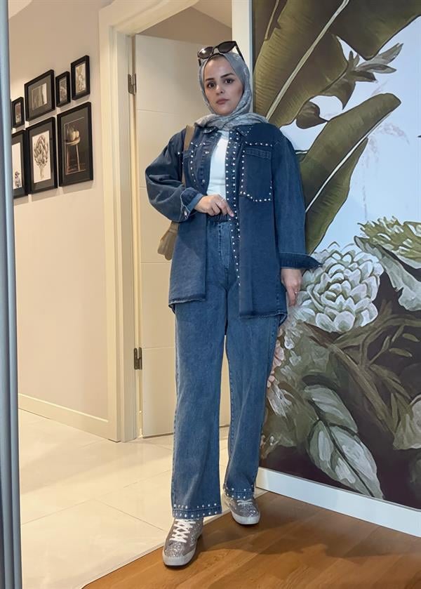 Zımba Detaylı Denim Gömlek İkili Takım Koyu Mavi