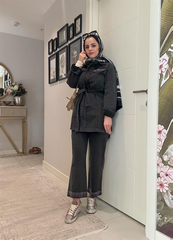 Kemerli Taş Detaylı Denim Gömlek İkili Takım Siyah