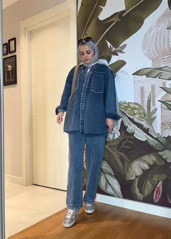 Zımba Detaylı Denim Gömlek İkili Takım Koyu Mavi