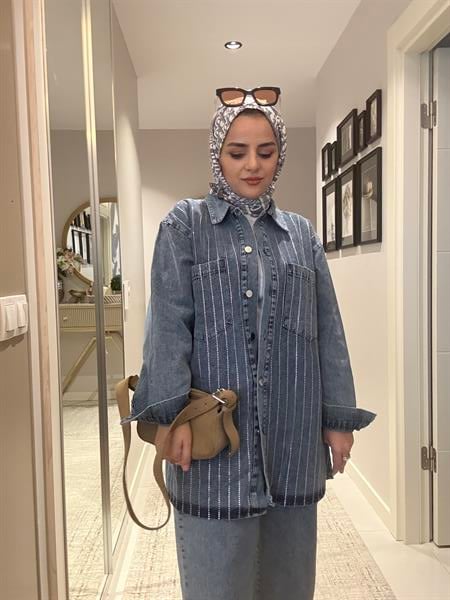 Taş Detaylı Denim Gömlek İkili Takım Açık Mavi
