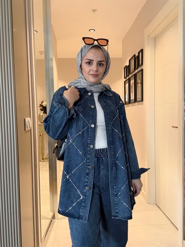 Baklava Taş Detaylı Denim Gömlek İkili Takım Koyu Mavi