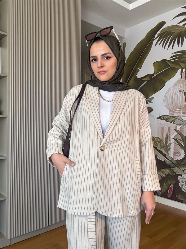 Keten Ceketli Pamuklu Çizgili Takım Tek Düğme Kuşaklı