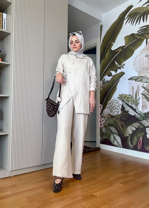 Kimona Müslin Pamuklu Gömlek Takım Bej