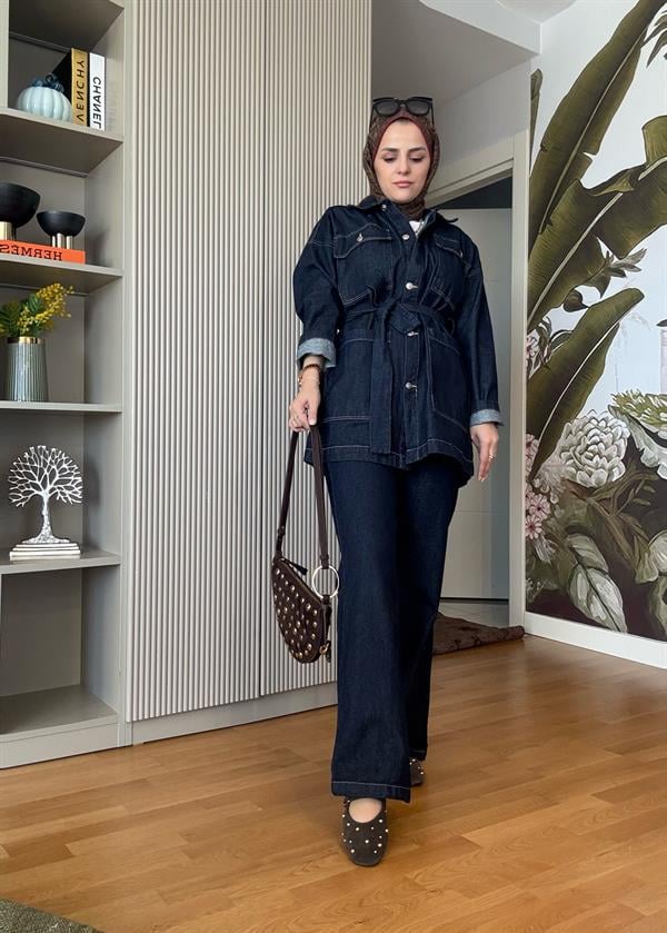 Denim Kuşaklı Ceket Takım Koyu Mavi