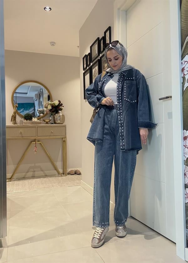 Zımba Detaylı Denim Gömlek İkili Takım Koyu Mavi