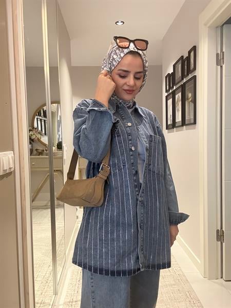 Taş Detaylı Denim Gömlek İkili Takım Açık Mavi