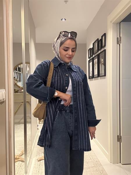 Taş Detaylı Denim Gömlek İkili Takım Koyu Mavi