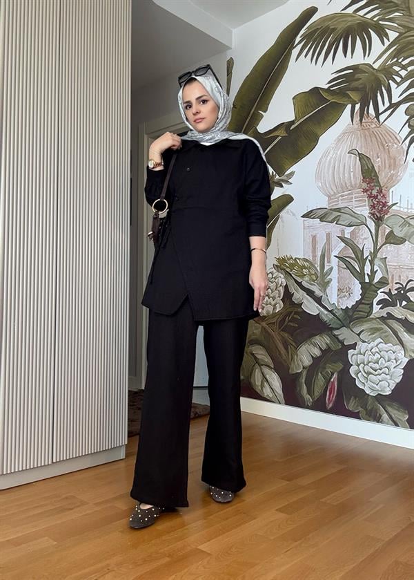 Kimona Müslin Pamuklu Gömlek Takım Siyah