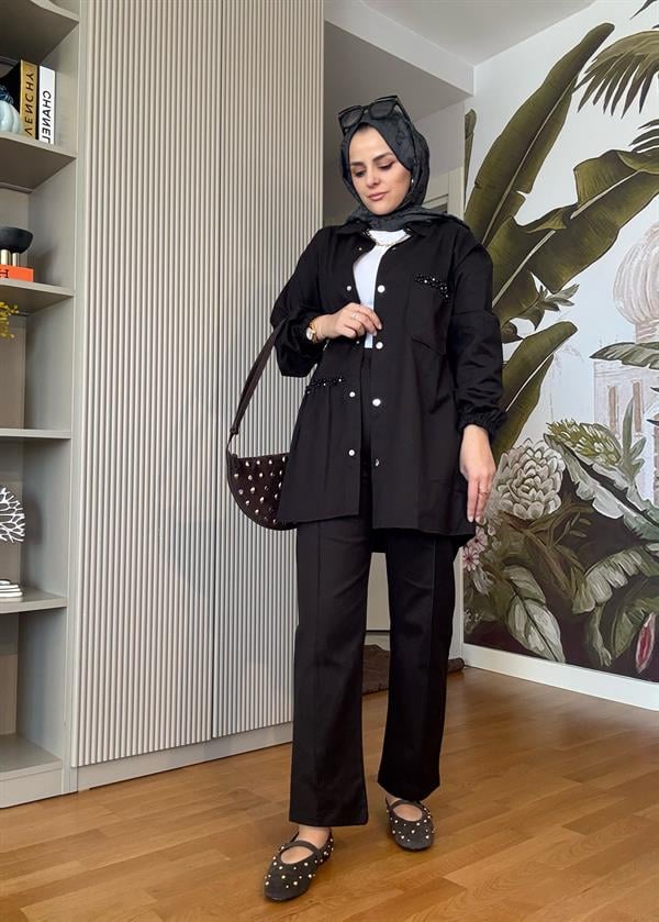 İncili Taşlı Denim Gömlek Ceket Takım Siyah