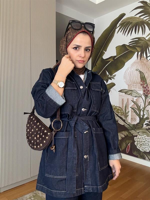 Denim Kuşaklı Ceket Takım Koyu Mavi