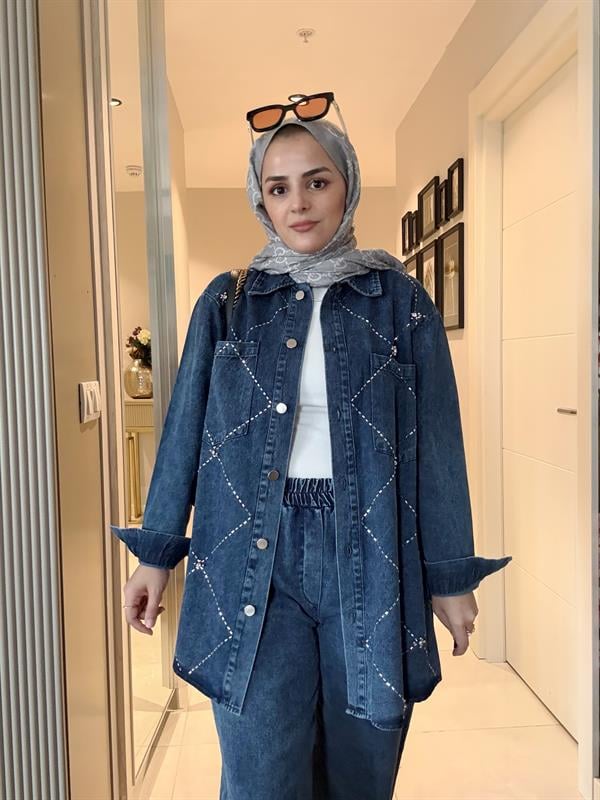 Baklava Taş Detaylı Denim Gömlek İkili Takım Koyu Mavi