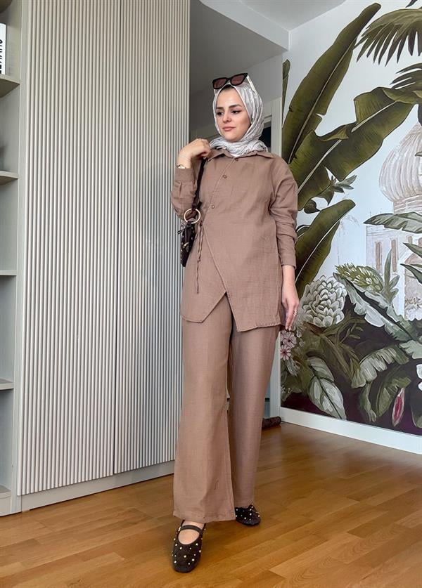 Kimona Müslin Pamuklu Gömlek Takım Kahve