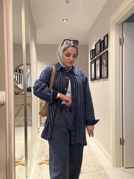 Taş Detaylı Denim Gömlek İkili Takım Koyu Mavi