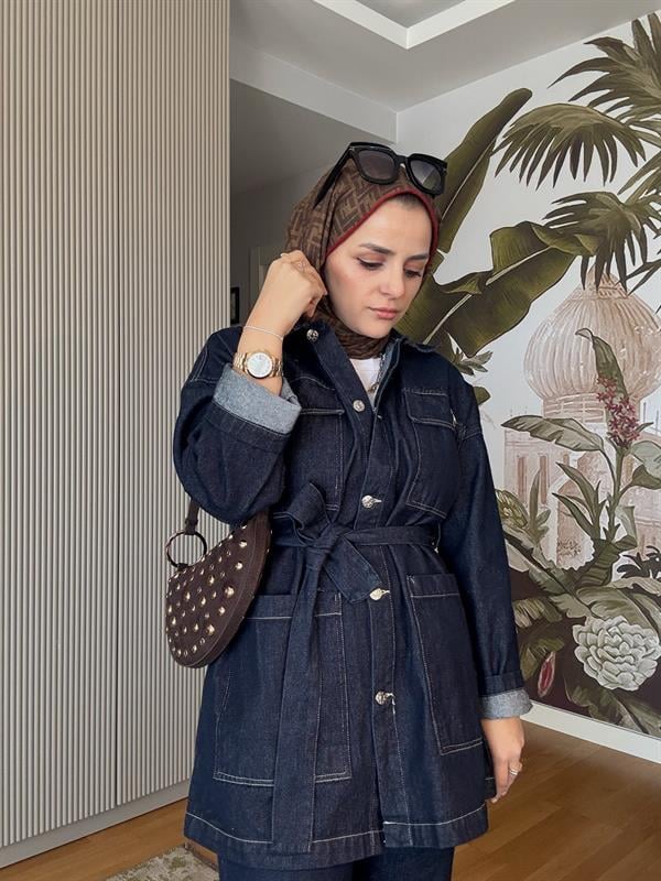 Denim Kuşaklı Ceket Takım Koyu Mavi