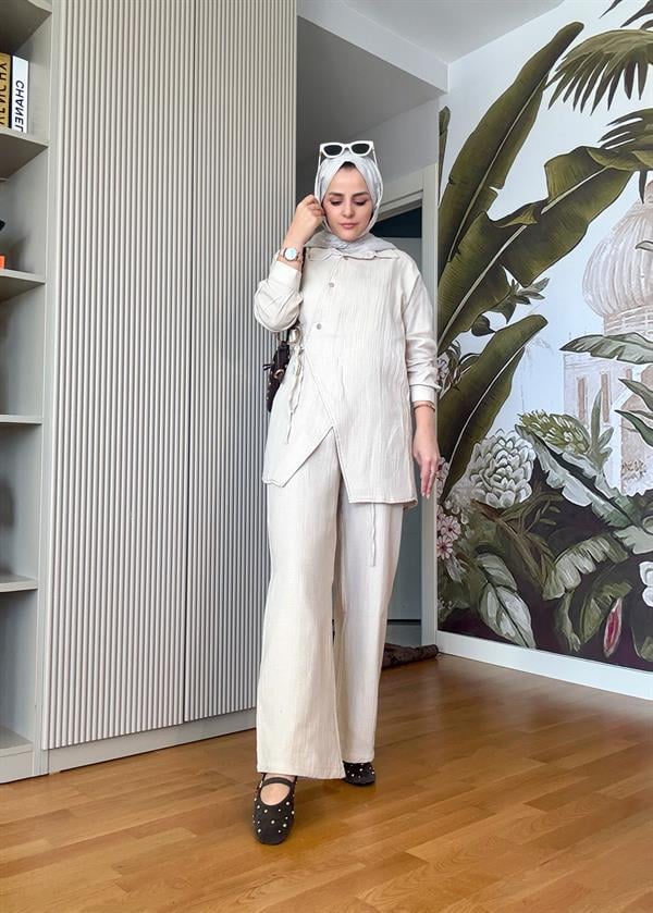 Kimona Müslin Pamuklu Gömlek Takım Bej