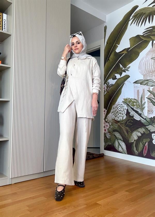 Kimona Müslin Pamuklu Gömlek Takım Bej