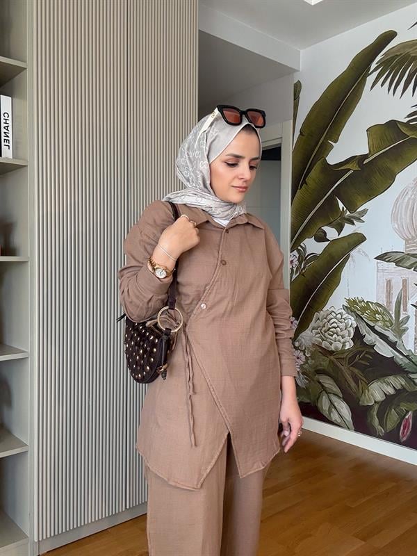 Kimona Müslin Pamuklu Gömlek Takım Kahve