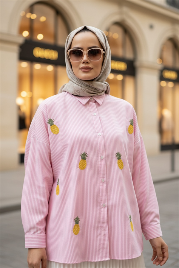 Çizgili Desen Poplin Ananas Nakışlı Gömlek Pembe
